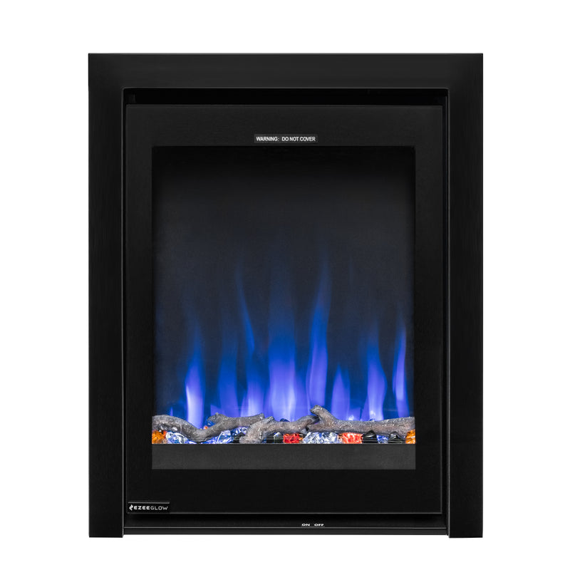 Ezee Glow Pulse Black Inset Electric Fire With Glass Trim with blue flame on white background