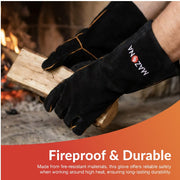 Black fireproof glove holding wooden logs with a visible brand logo against a fire background.