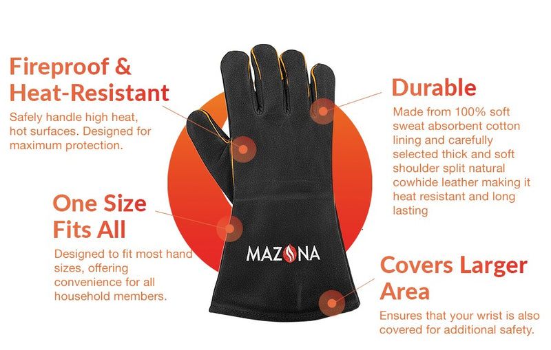 Black fireproof and heat-resistant glove with MAZONA branding on a white background.