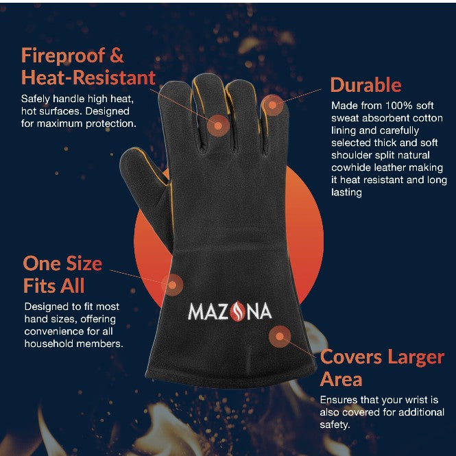 Fireproof and heat-resistant glove with MAZONA branding on a dark background
