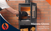 Person wearing heat-resistant gloves interacting with a wood stove, with 'Mazona Gloves' branding.