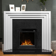 Ezee Glow Pulse Widescreen Black inset Electric Fire With Glass Trim in white fireplace with dark background with flames