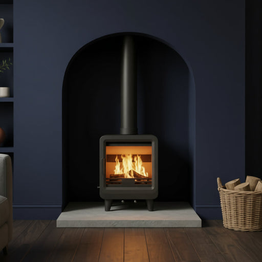 modern stove with stone hearth