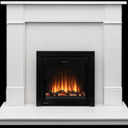 Ezee Glow Pulse Widescreen Black inset Electric Fire With Glass Trim in white fireplace with dark background with flames