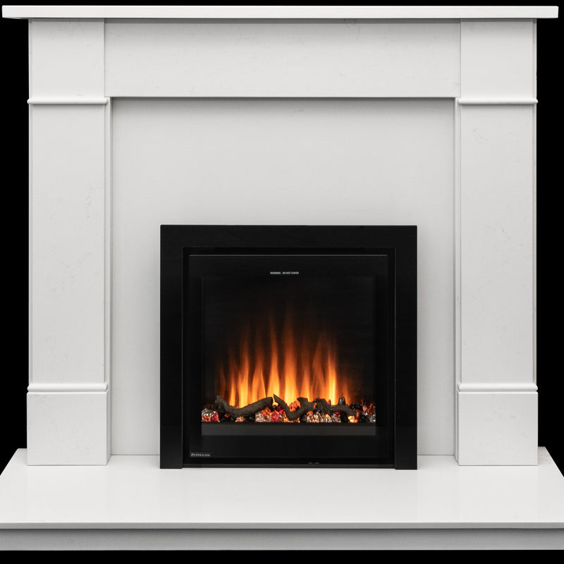 Ezee Glow Pulse Widescreen Black inset Electric Fire With Glass Trim in white fireplace with dark background with flames