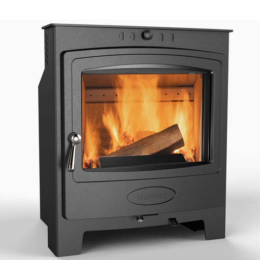 Arada Hamlet Solution Inset 5 (S4) Multi Fuel Wood Burning Stove on white background with flames and logs