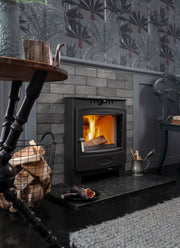 Arada Multi Fuel Wood Burning Stove With Flames in living room