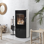 Arada Lagom 4 kW White Ceramic Wood Burning Stove, logs, hearth, calm setting, fire accessories