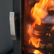 Handle close up of Mazona Ripley Stove with flames