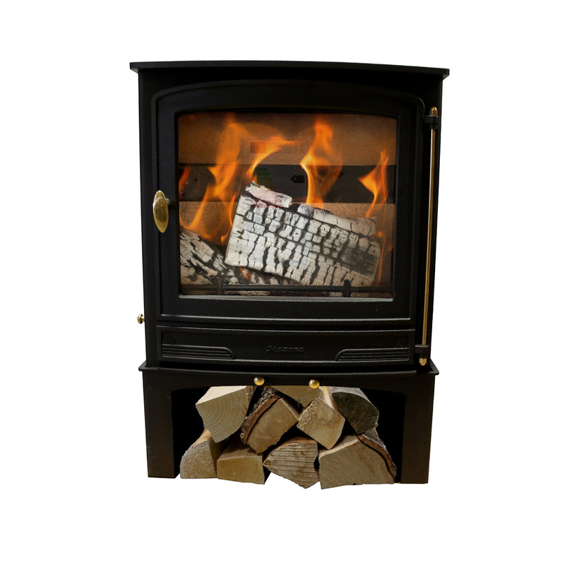 Mazona Warwick 8kW Logstore stove with wood and flames in white background