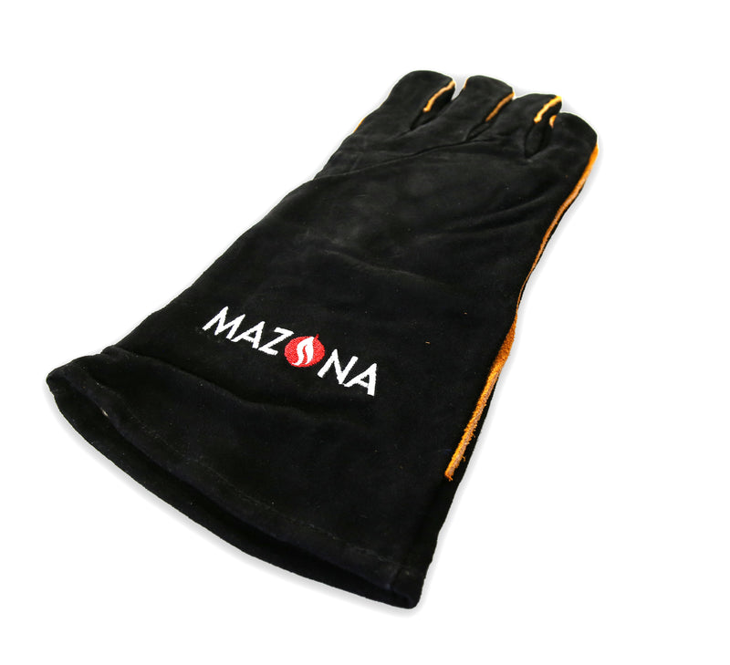 A black heat resistant gauntlet glove with the Mazona brand logo in white, designed for use with a stove.