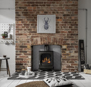 Arada Holborn 4.5 LPG Black Gas Stove in a brick fireplace in a living room