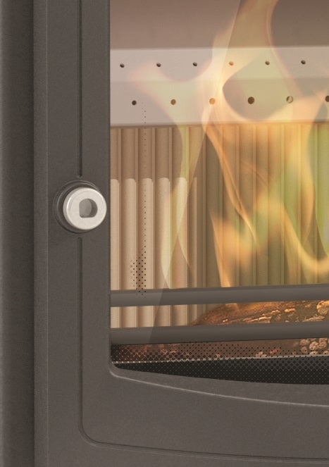 Arada Farringdon Large Eco Black Stove With Flames handle close up