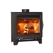 Height Extending Bolt-on Feet to suit Arada M Series attached to stove on white background with flames and logs